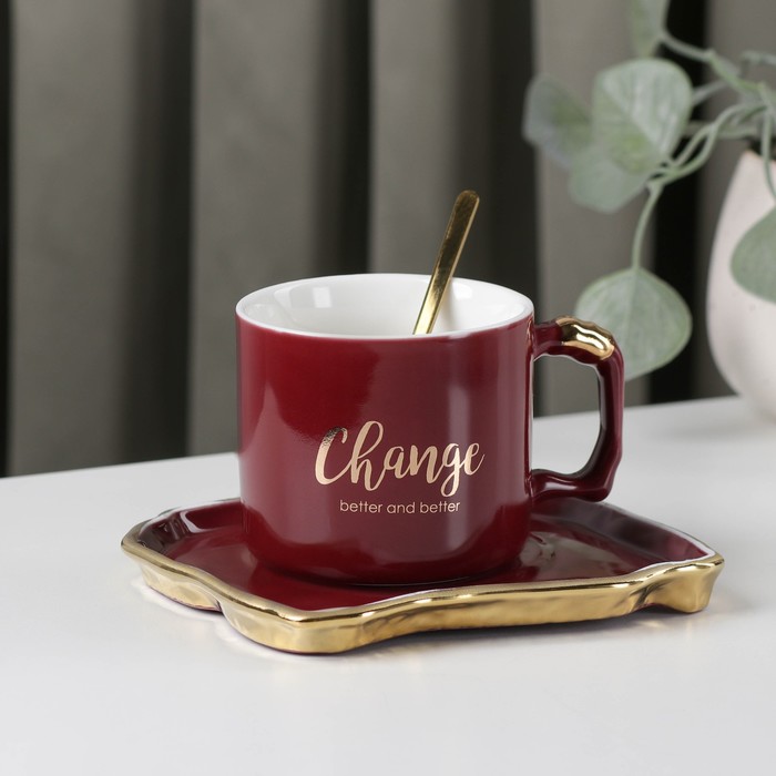 Чайная пара керамическая с ложкой «Изменение», 2 предмета: чашка 230 мл, блюдце, цвет МИКС