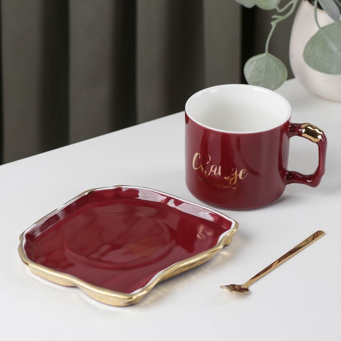 фото Чайная пара керамическая с ложкой «изменение», 2 предмета: чашка 230 мл, блюдце, цвет микс
