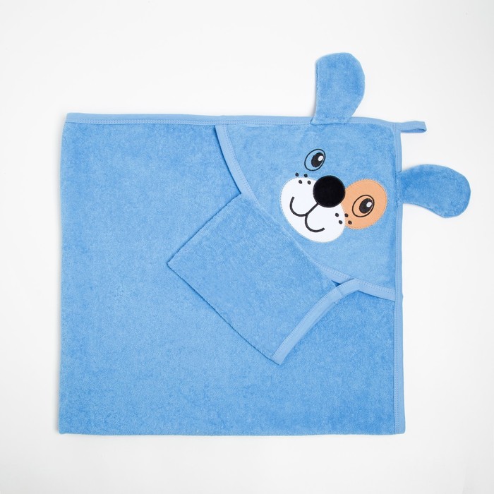 Набор для купания (полотенце уголок, рукавица) Собачка цв.Голубой 92х96см махра, хл100%
