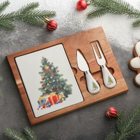 Набор для подачи сыра «Рождественская ель», 2 ножа, 26×18×1,5 см, прямоугольный, акация от Сима-ленд