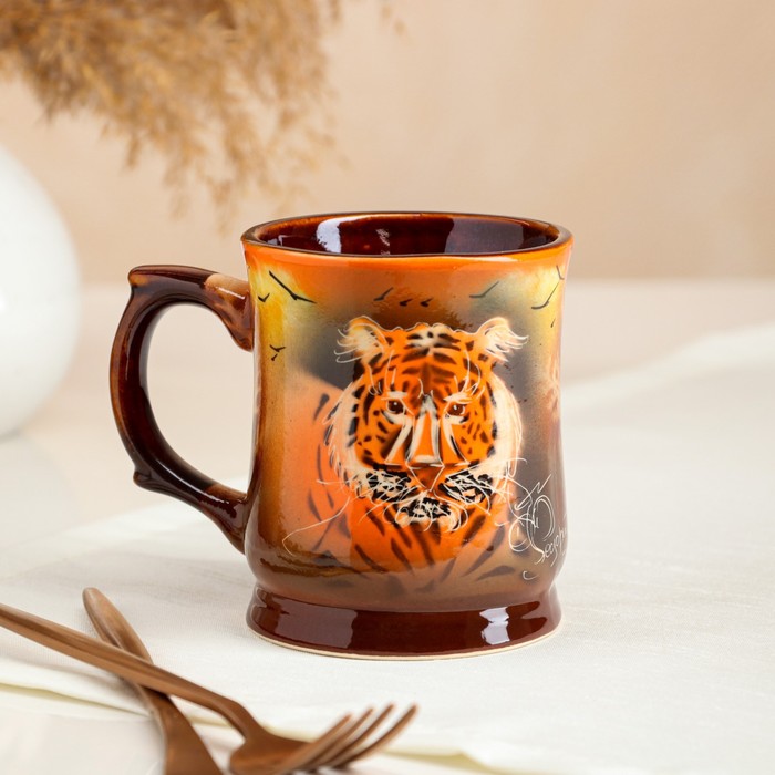 фото Кружка "тигр", коричневая, 0.35 л керамика ручной работы