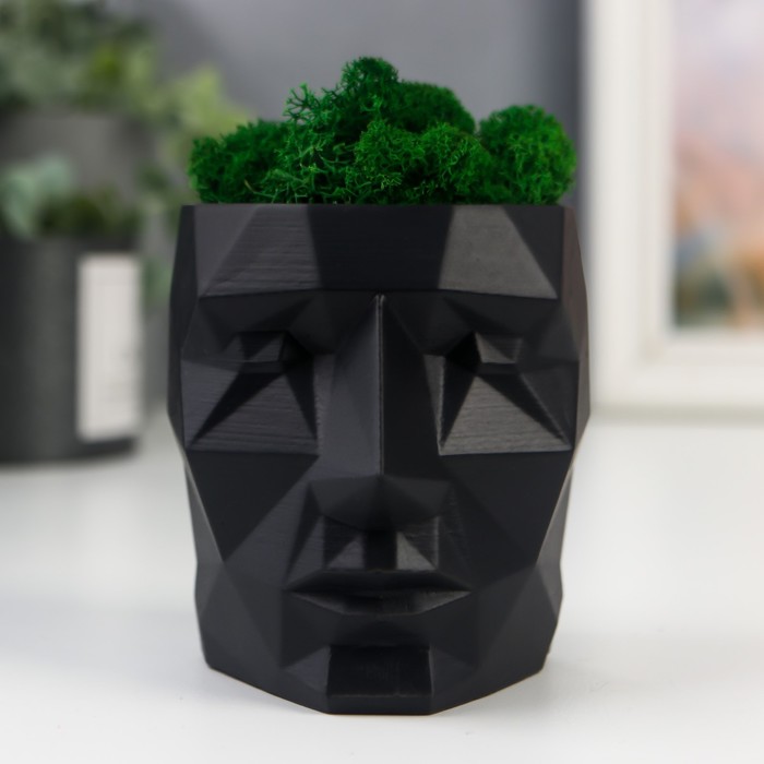 Кашпо бетонное Голова со мхом высота 8,5 см черное (мох зеленый стабилизированный)