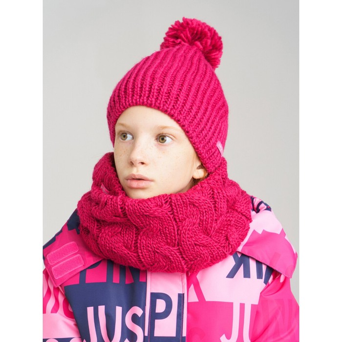 Комплект вязаный для девочки: шапка и снуд, размер 54, цвет малиновый