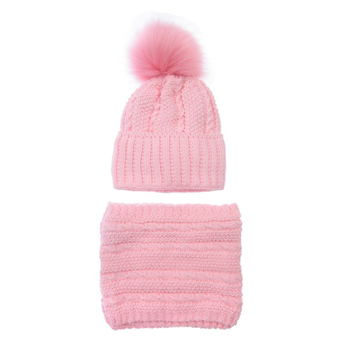 Комплект детский вязаный для девочки: шапка и снуд, размер 46, цвет светло-розовый