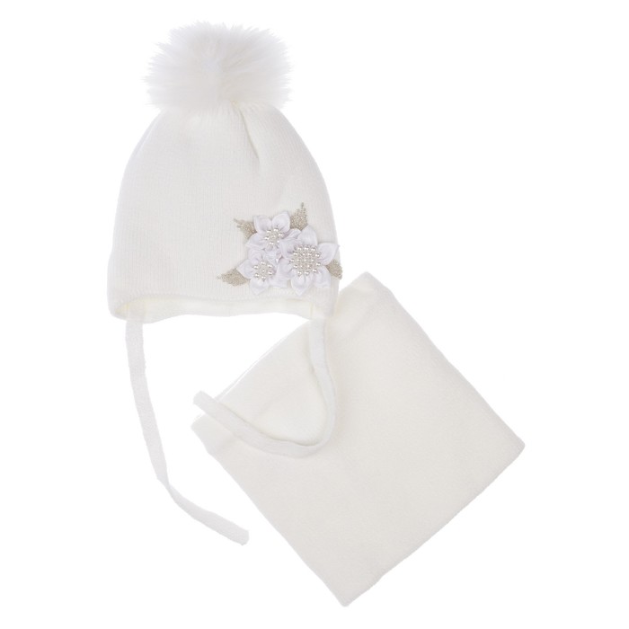 Комплект детский вязаный для девочки: шапка и снуд, размер 46, цвет белый