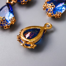 Декор для творчества пластик "Капля с золотыми цветочками" синий кристалл 2х1,2 см от Сима-ленд
