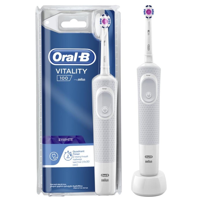 Электрическая зубная щетка Oral-B Vitality 3D White 100, 3710, вращател, 7600 об/мин, белая