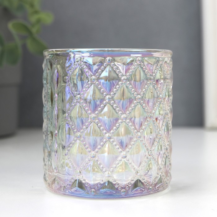 Подсвечник стекло стаканчик на 1 свечу Ромбики перламутр 7,5х7х7 см