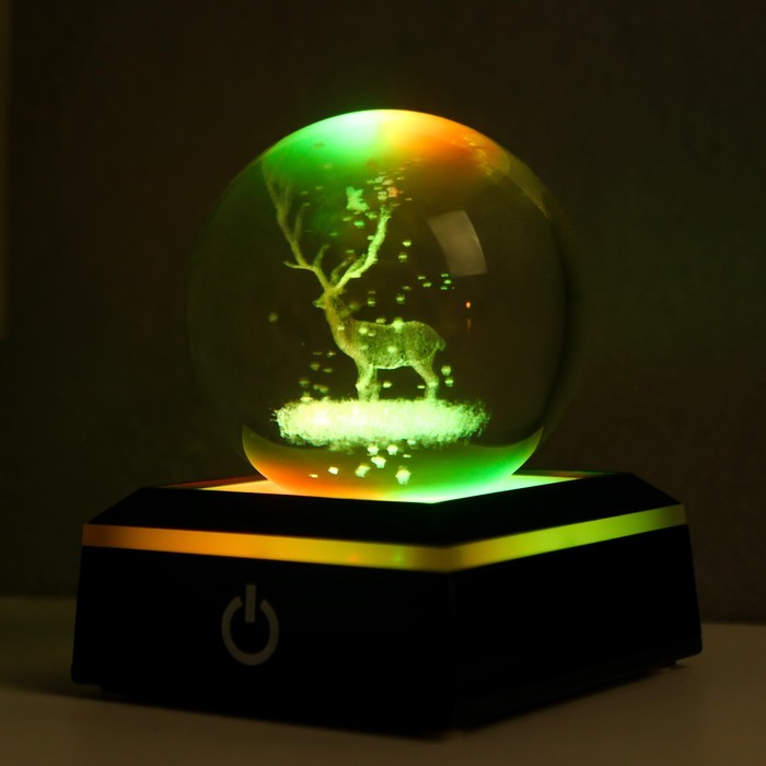 Сувенир стекло подсветка Олень d=6 см подставка LED от 3AAA, провод USB 9х7х7 см