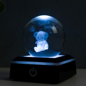 Сувенир стекло подсветка 'Милый медвежонок' d=6 см подставка LED от 3AAA, провод USB 9х7х7 см   7342 Ош