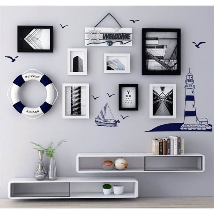 

Фоторамка пластик на 7 фото+крючки+круг+наклейка "Маяк и корабль" сине-чёрные набор 70х108см 73678