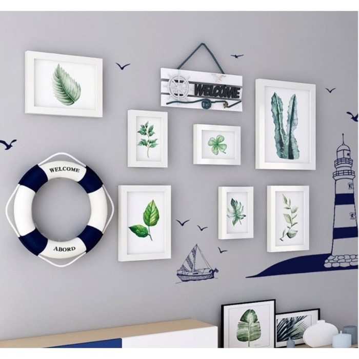 

Фоторамка пластик на 7 фото+крючки+круг+наклейка "Маяк и корабль" белые набор 70х108 см