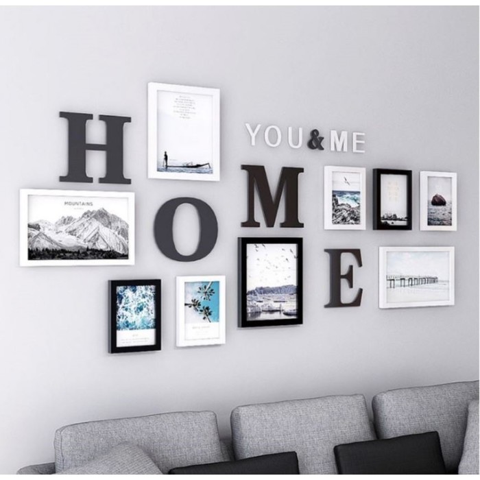 

Фоторамка пластик на 9 фото+надпись "Home. You Me" чёрно-белые набор 75х152 см