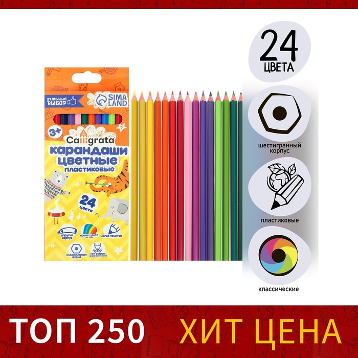 Карандаши 24 цвета Calligrata, ЭКОНОМ, заточенные, шестигранные, пластиковые, картонная упаковка, европодвес