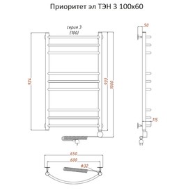 

Полотенцесушитель электрический "Тругор" Приоритет эл ТЭН 3, 1000 х 600 мм