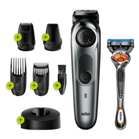 

Триммер для бороды и усов Braun BT7240 + Бритва Gillette, 3 насадки, 2 кассеты, серый