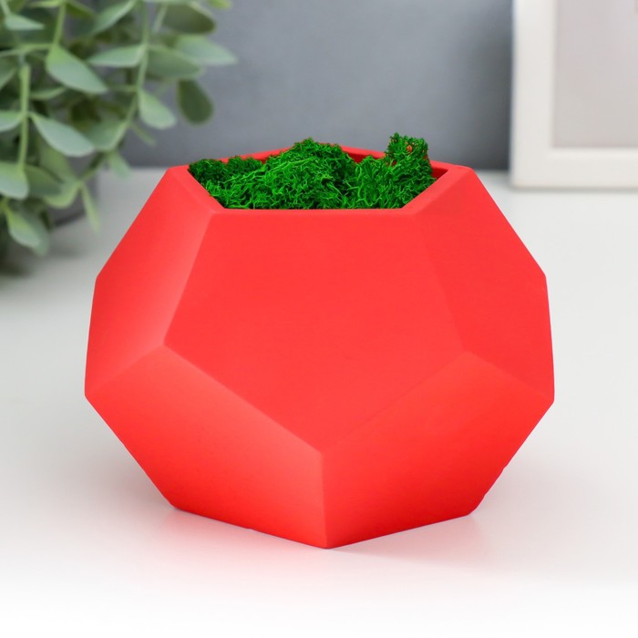 Кашпо бетонное "Шестиугольник" высота 6,5 см красное со мхом (мох зеленый стабилизированный)