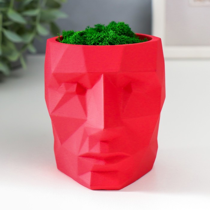 Кашпо бетонное "Голова" со мхом высота 8,5 см красное (мох зеленый стабилизированный)