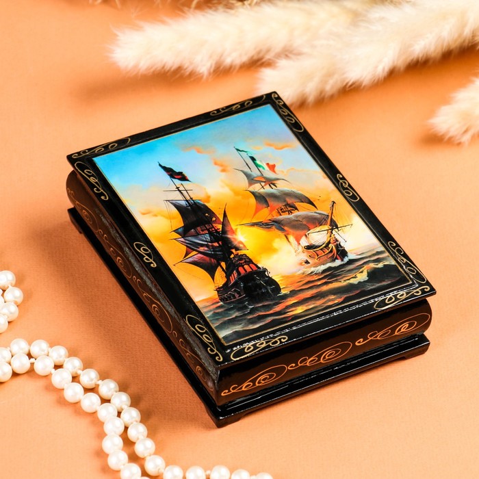шкатулка лаковая миниатюра москва палех Шкатулка Корабли , 10х14 см , лаковая миниатюра