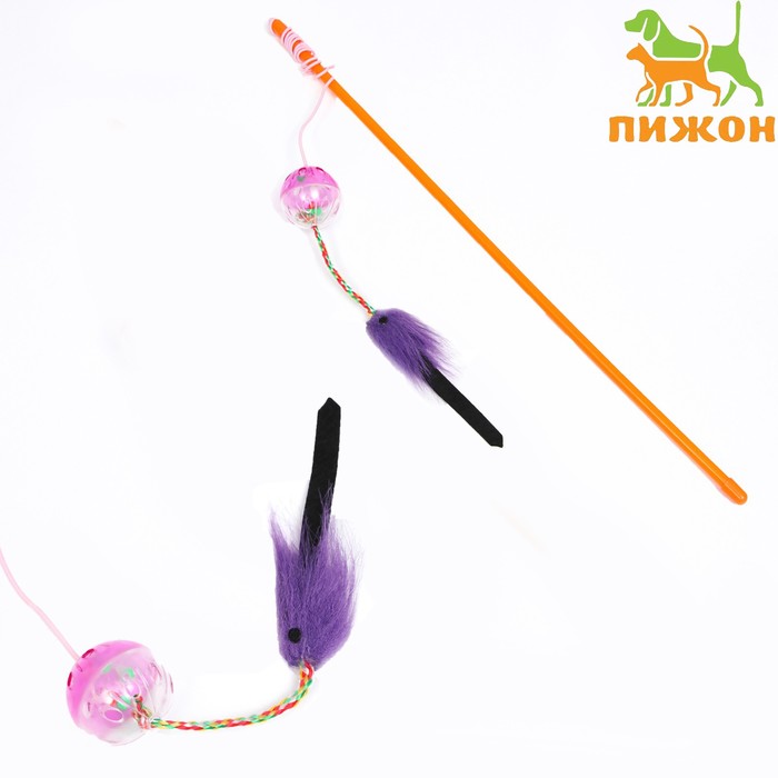 фото Дразнилка-удочка с шар-погремушкой и хвостиком, 49 см, микс цветов пижон