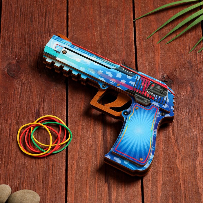 Сувенир деревянный Пистолет-резинкострел голубой