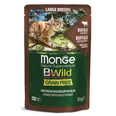 Влажный корм Monge Cat BWild GRAIN FREE для крупных кошек, мясо буйвола с овощами, 85 г