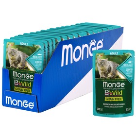 

Влажный корм Monge Cat BWild GRAIN FREE для кошек, треска с креветками и овощами, 85 г
