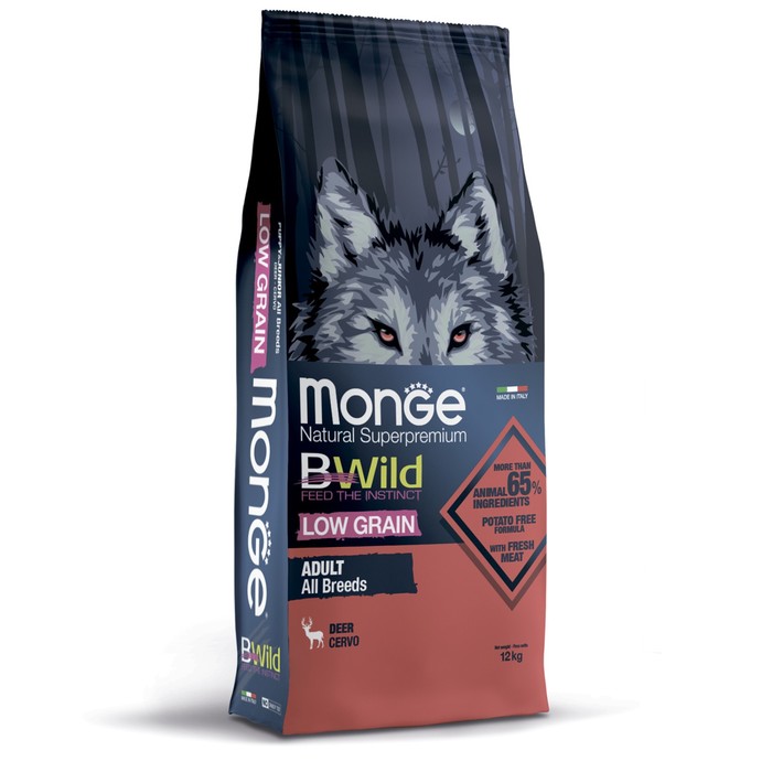 

Сухой корм Monge Dog BWild LOW GRAIN низкозерновой для собак, из мяса оленя, 12 кг