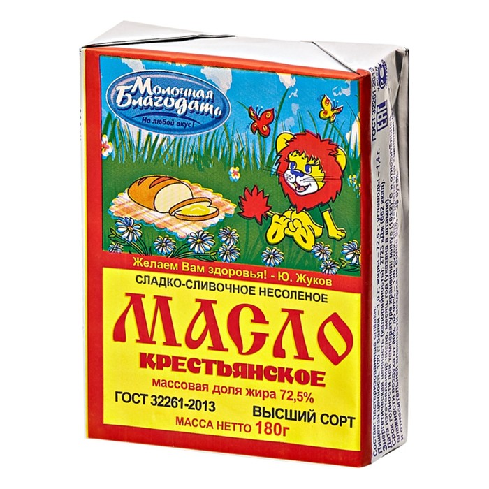 

Масло сладкосливочное Крестьянское несоленое Молочная благодать 72,5% 180г