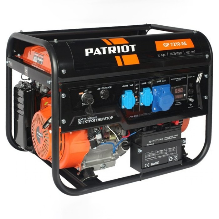 Генератор бензиновый PATRIOT GP7210AE, 4Т, 6.5 кВт, 3х12/12 В, 220 В, электро/ручной старт генератор бензиновый patriot gp7210ae 4т 6 5 квт 3х12 12 в 220 в электро ручной старт