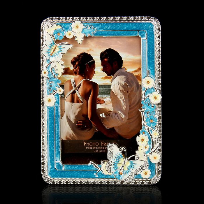 Фоторамка "Бабочка в цветах" с эмалью синяя, для фото 10х15 см