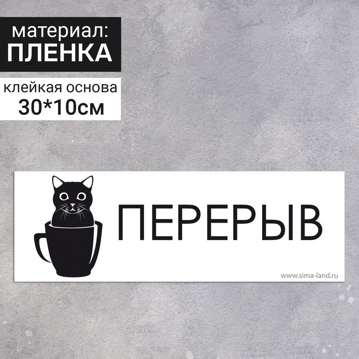 

Наклейка "Перерыв" 300*100, котик, цвет чёрно-белый