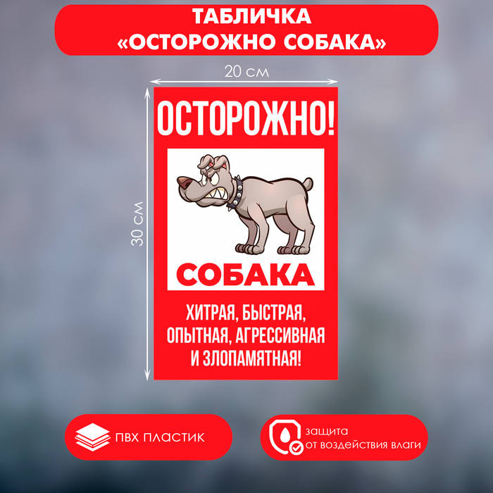 Табличка «Осторожно собака» хитрая 200×300, клейкая основа, цвет красно-белый