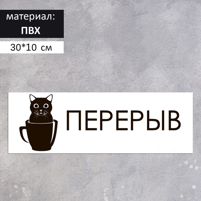 

Табличка "Перерыв" котик 300*100, цвет чёрно-белый