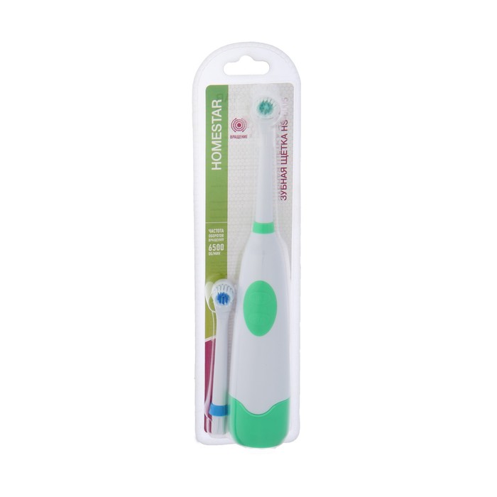 цена Электрическая зубная щетка HOMESTAR HS-6005, вращательная, 6500 об/мин, 2 насадки, зеленая