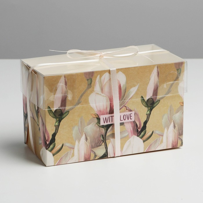 Коробка на 2 капкейка, кондитерская упаковка «Магнолии», 16 х 8 х 10 см