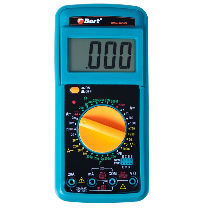 Мультиметр Bort BMM-1000N, 0-750 В, 0-1000 В, 0-20 А, 0-200 Мом, цифровой дисплей