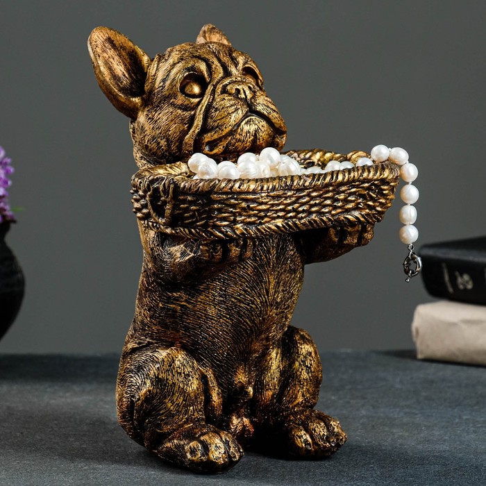 Подставка конфетница Собака с корзинкой бронза, 24х15х17см