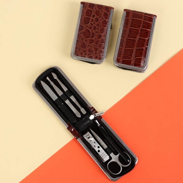 Набор маникюрный в футляре, 6 предметов, цвет коричневый