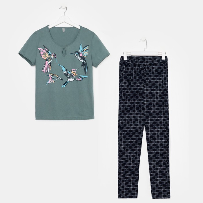 Комплект домашний (футболка/брюки) женский, цвет оливковый/синий, размер 48