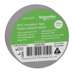 

Изолента Schneider Electric, ПВХ, 19 мм х 20 м, 130 мкм, серая, IMT38208