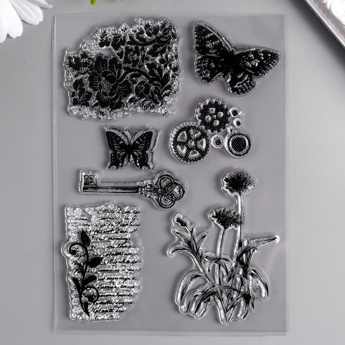 Штамп для творчества силикон "Бабочки, цветы и ключ" 15х10 см