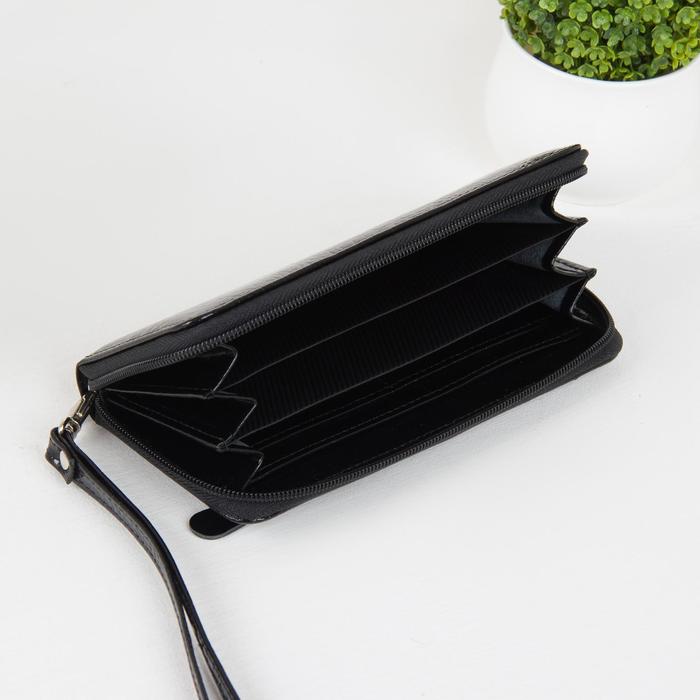 Кошелёк женский на молнии, 3 отдела, отдел для монет, с ремешком, чёрный кайман