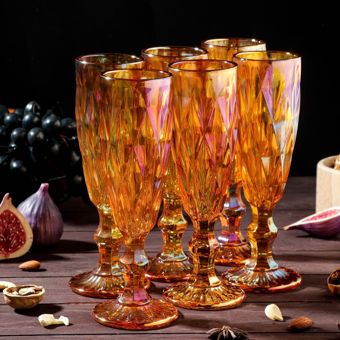 Набор бокалов из стекла для шампанского Magistro «Круиз», 160 мл, 7×20 см, 6 шт, цвет янтарный набор бокалов стеклянных для шампанского magistro круиз 160 мл 7×20 см 2 шт цвет зелёный