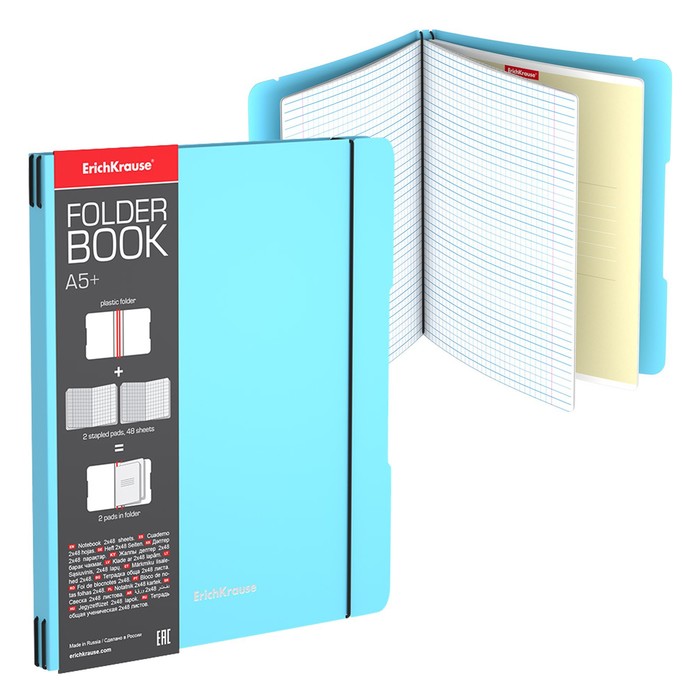 фото Тетрадь а5+, 96 листов в клетку erichkrause "folderbook pastel" на резинке, сьемная голубая пластиковая обложка, блок офсет, белизна 100%