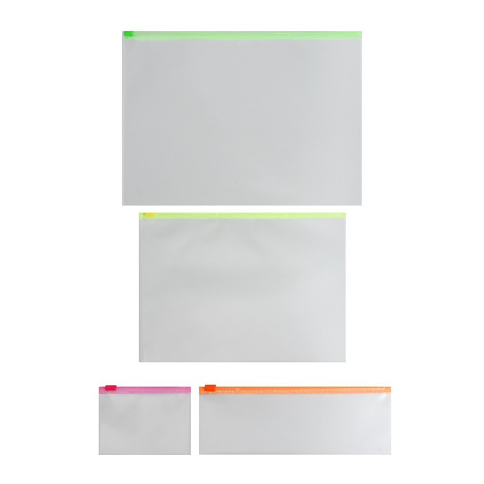 фото Папка-конверт на zip-молнии а4, 120 мкм, erichkrause, fizzy clear neon, тиснение, прозрачная, набор 4 шт., микс цветных застежок