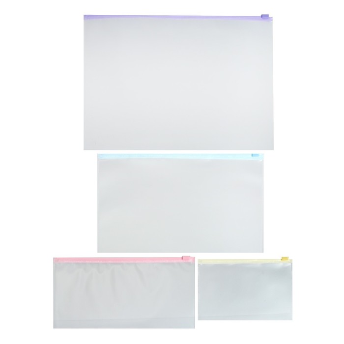 фото Папка-конверт на zip-молнии а4, 120 мкм, erichkrause, fizzy clear pastel, тиснение, прозрачная, набор 4 шт., микс цветных застежок
