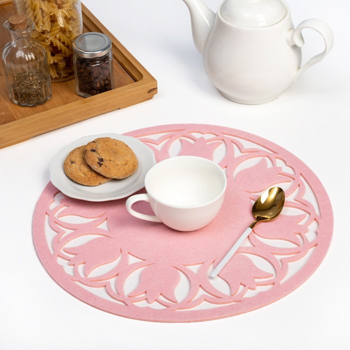 Салфетка декоративная ДолянаТюльпаны цвет розовый,d 30 см, 100% п/э, фетр