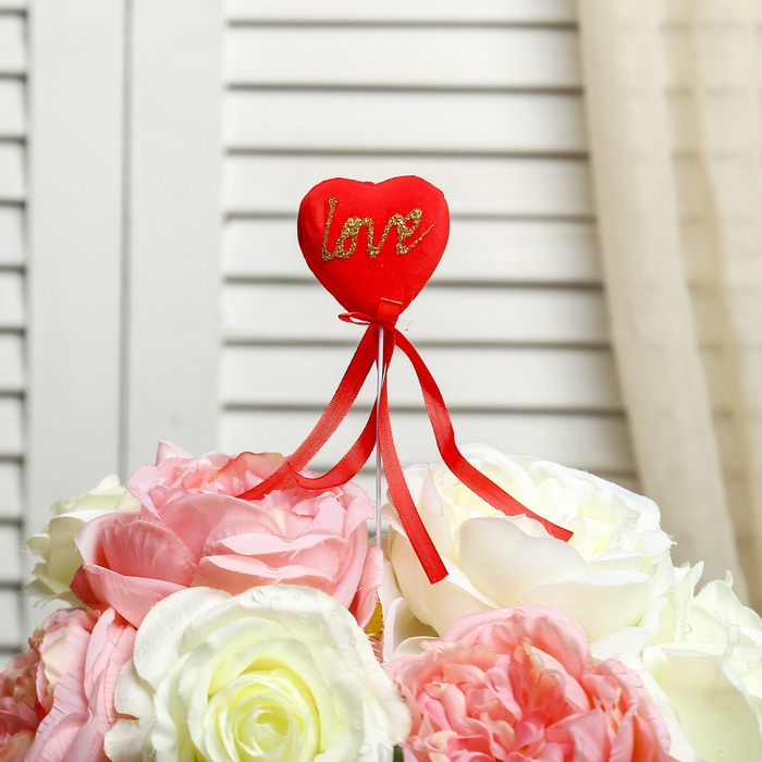 Сердце на палочке бархатное (набор 6 шт) "Love", цвет красный