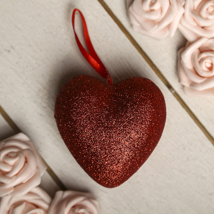 Сердце на подвеске с блёстками (набор 6 шт), цвет красный